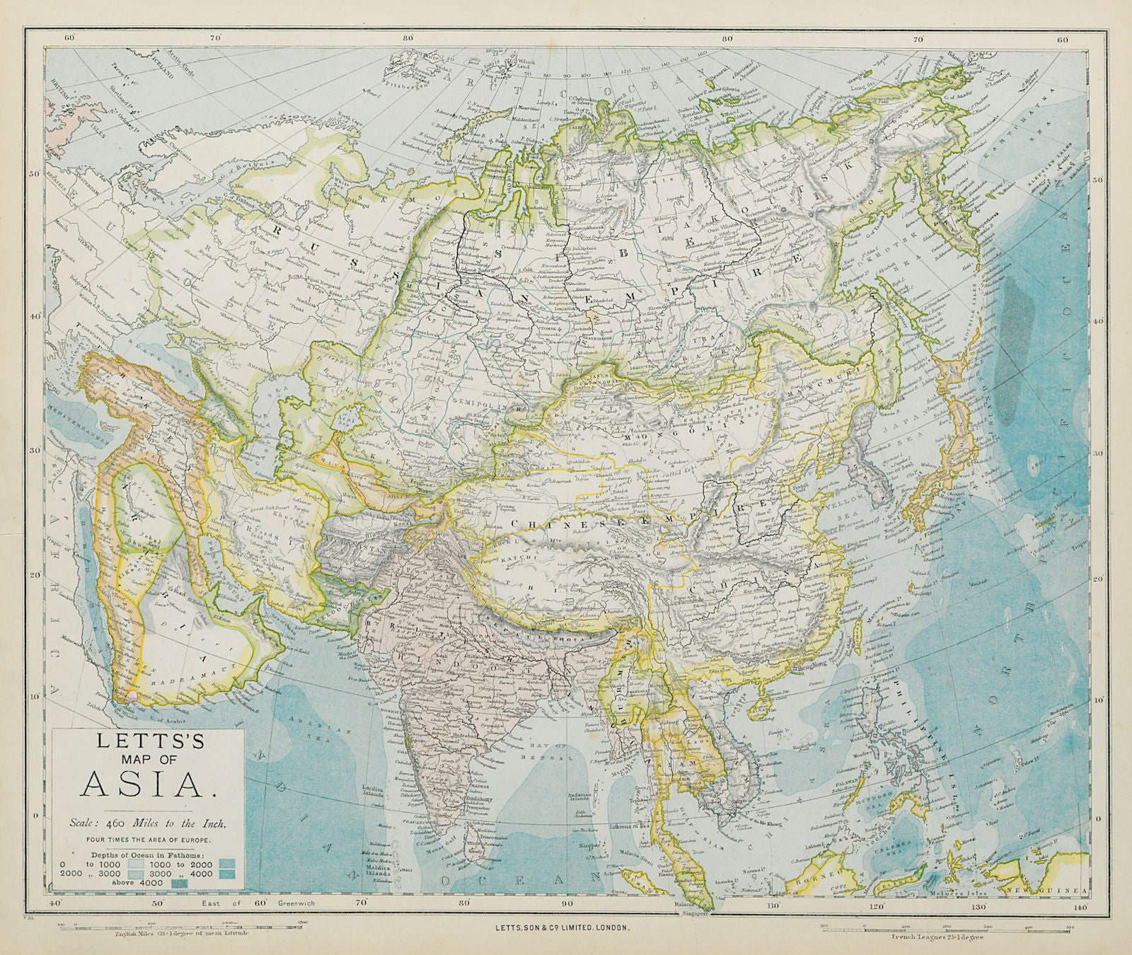 ASIA. British India Hedjaz China Arabia Persia Siam Beloochistan. LETTS 1884 map